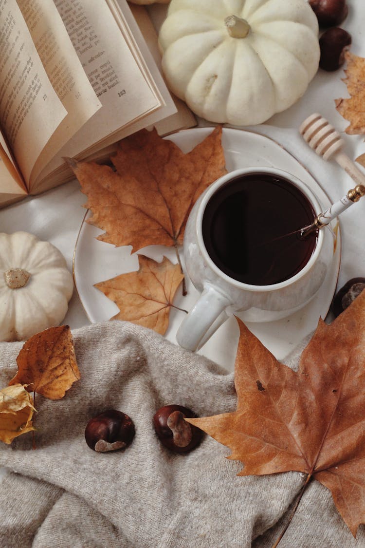 Autumn Composition With Leaves Squash And Tea