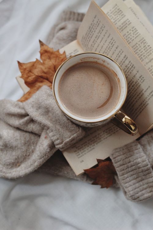 Free Warm autumn scene with a coffee cup, open book, and cozy sweater on a bed of leaves, perfect for fall vibes. Stock Photo