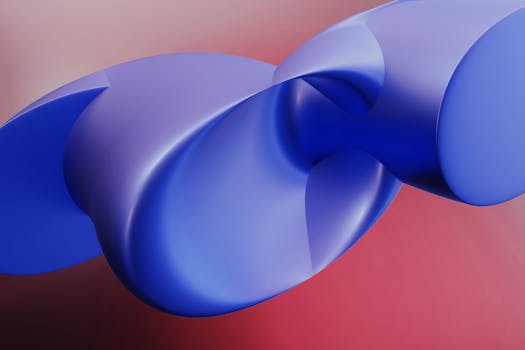 A dynamic abstract 3D blue shape on a warm gradient background.