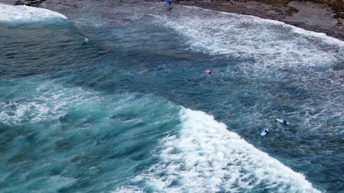 A Drone Footage of People Surfing on the Beach