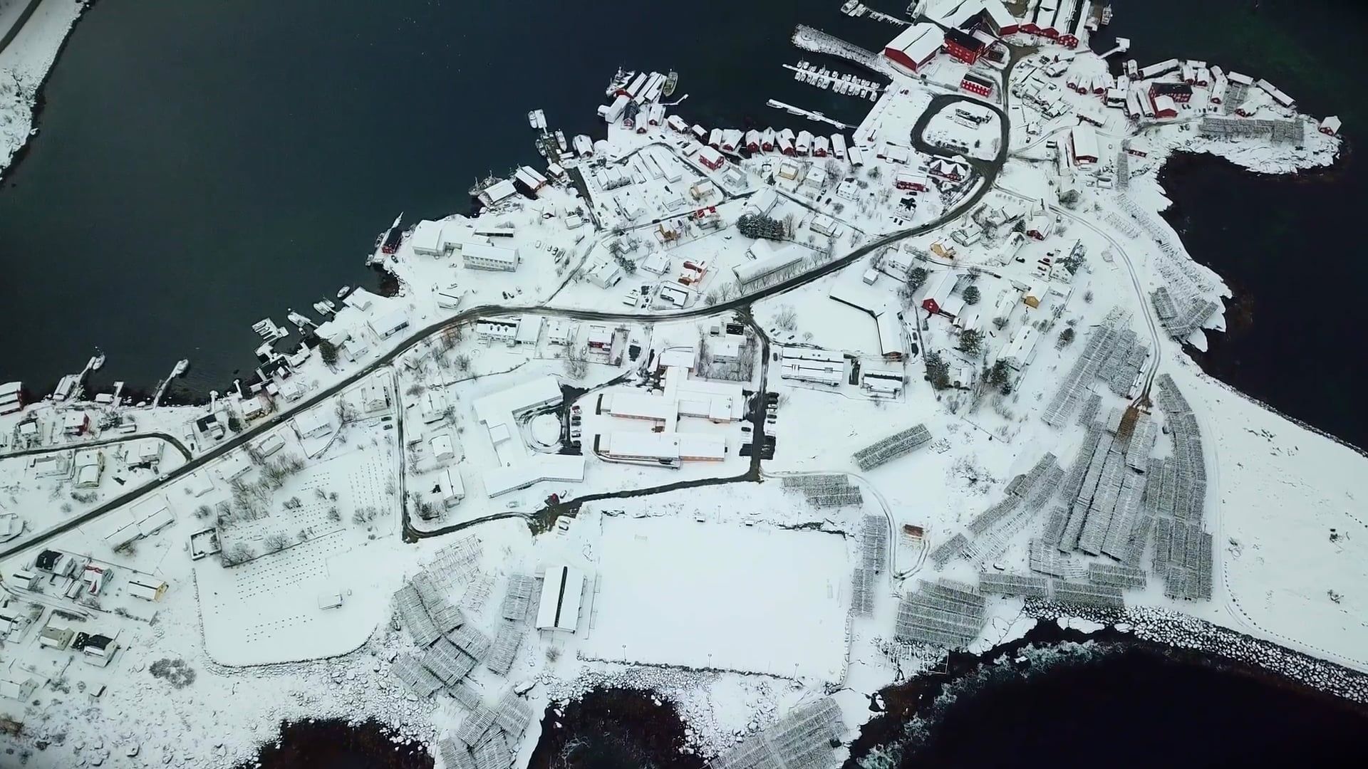 Aerial Footage of Snow Covered Coastal Town Free Stock Video Footage ...