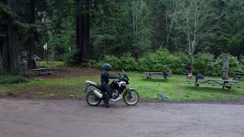 Biker Traveling on Motorcycle through Forest