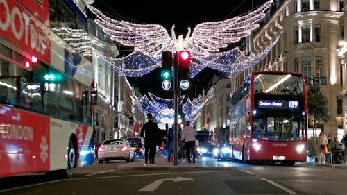 Christmas Decorations in City at Night