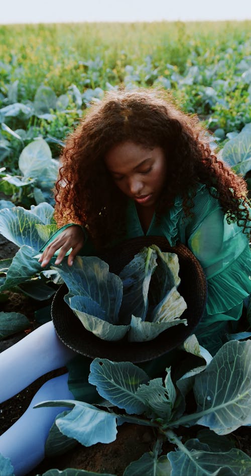 A Woman Holding a Basket of Leaves while Sitting at a Cabbage Farm