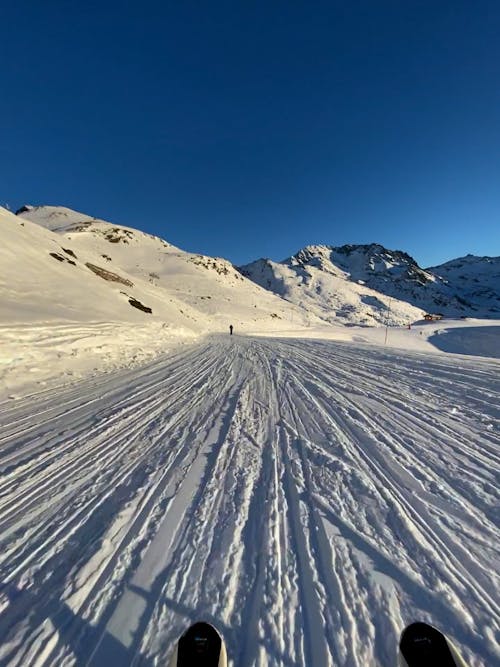 View on Skis during Skiing on Slope