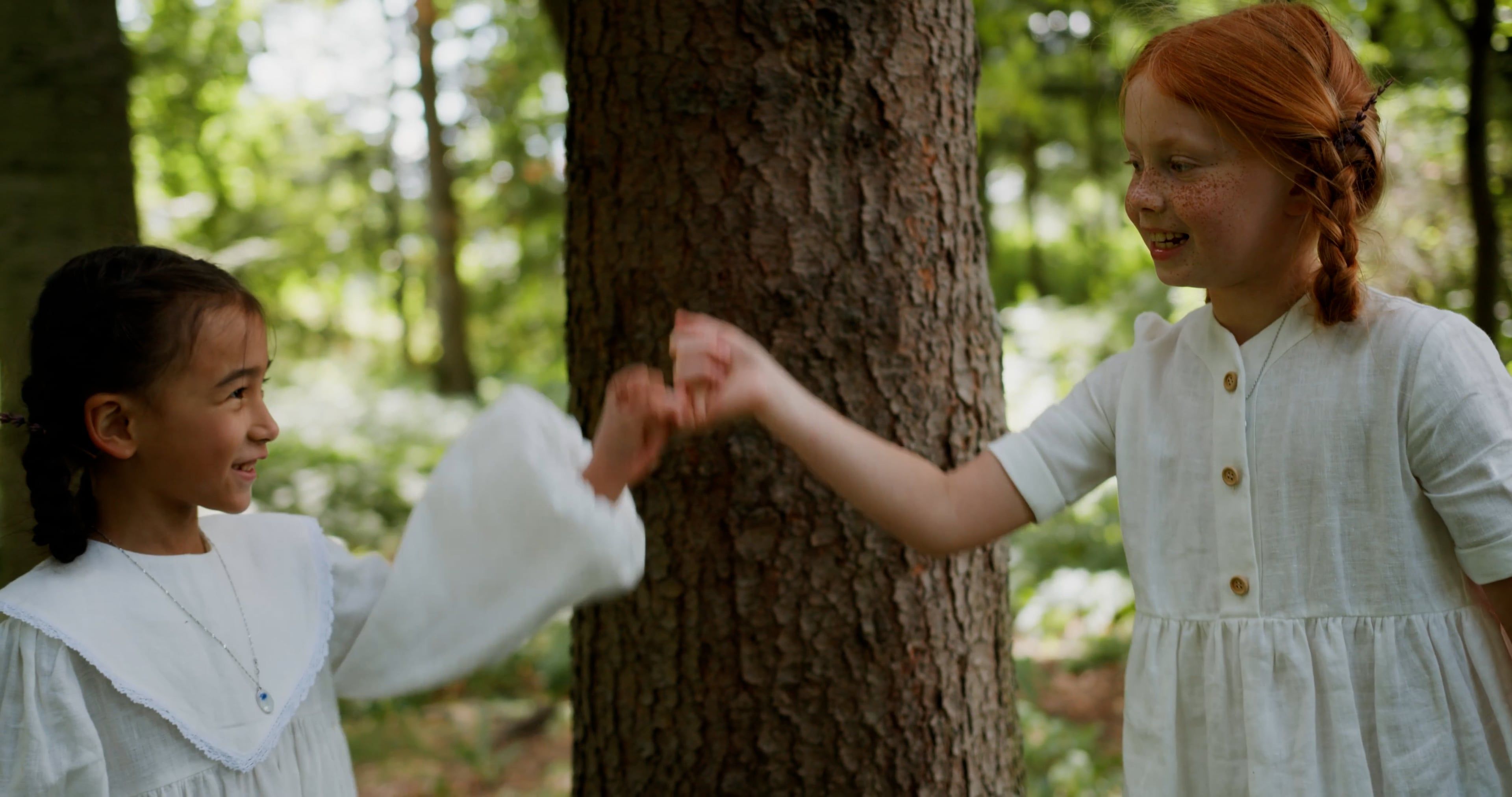 Two Little Girls in White Dresses Playing in a Forest Free Stock Video ...