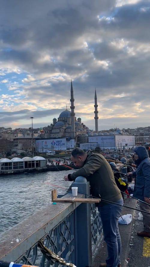 People Fishing on Galata Bridge in Istanbul