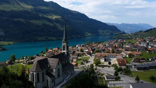 Lungern Village and Lake in Switzerland 