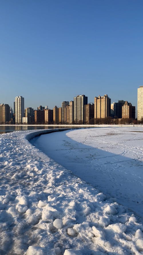 View of Chicago City Skyline and Lake Michigan in Winter   