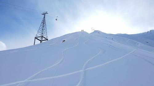 A Ski Lift over Snow Covered Mountains