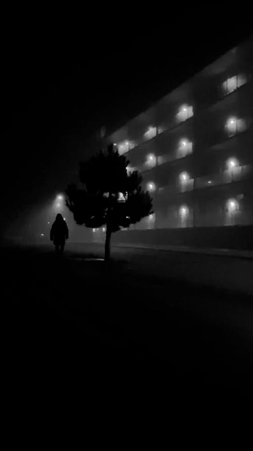 Silhouette of a Hooded Person Walking at Night