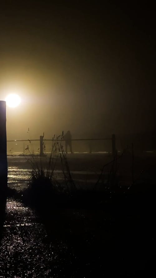 Silhouette of a Person Walking on a Foggy Night