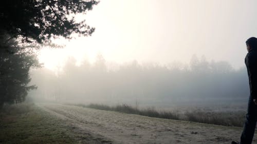 A Man Walking along a Dirt Path on a Misty Morning 