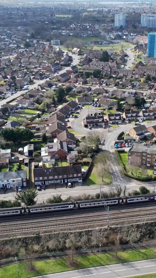 Birds Eye View on City with Railway