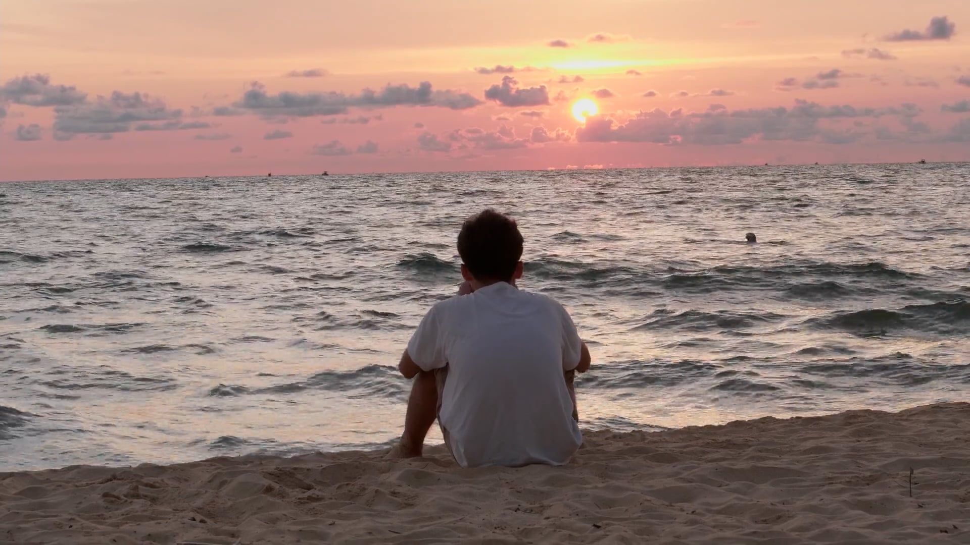 Back View of Boy Sitting on Beach and Looking at Sunset Free Stock ...