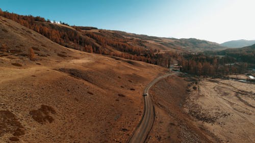 Drone Footage of a Car Driving in a Mountain Landscape 