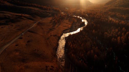 Sunset over the River in the Altai Mountains 