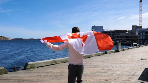 Slo Mo of Man Walking with Canadian Flag