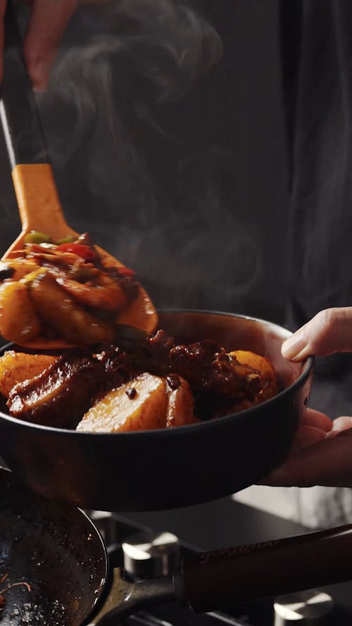 Cooking Oriental Food in Pan