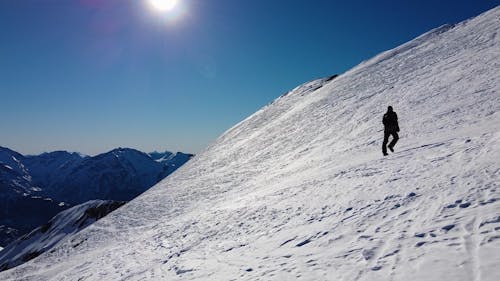 A Person Climbing a Snow Covered Mountain on a Sunny Day