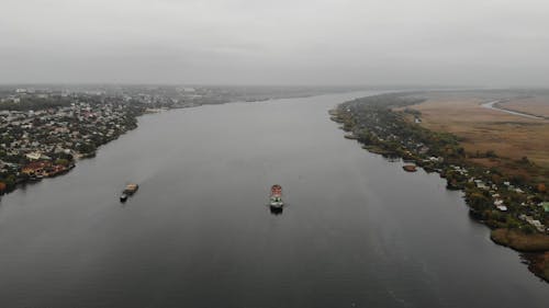 Drone Video of Ships in a River