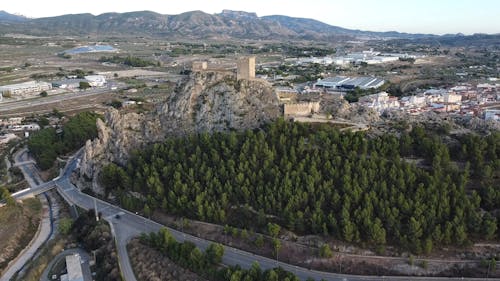 Castle Ruins on a Hill Seen from a Drone, Alicante, Valencia, Spain