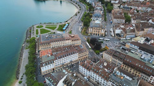 Aerial View of a Town Waterfront