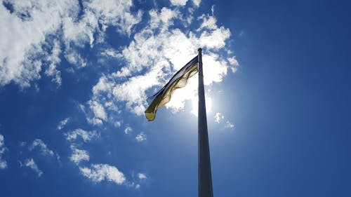 Ukrainian Flag Waving in the Wind Against a Blue Sky