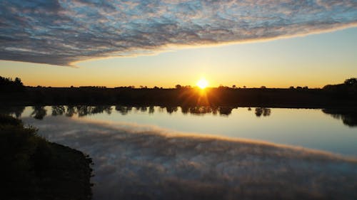 Drone Shot of a Lake at Sunset