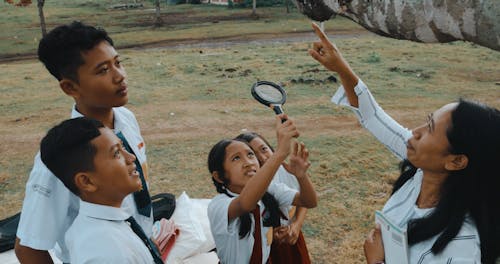 Teacher and Children on a Field Trip Looking at a Tree