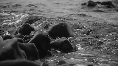 Black and White Shot of Waves Splashing on Stones