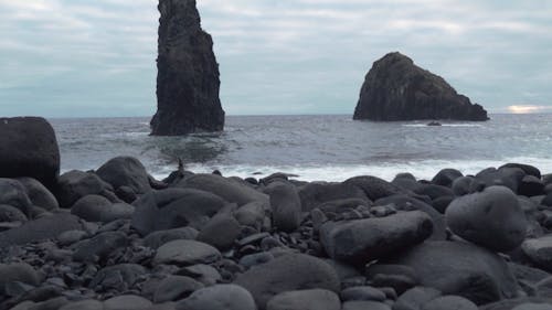 Black Stones on a Beach in Madeira Island, Portugal 