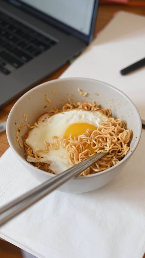 Ramen Noodles with a Fried Egg on a Table