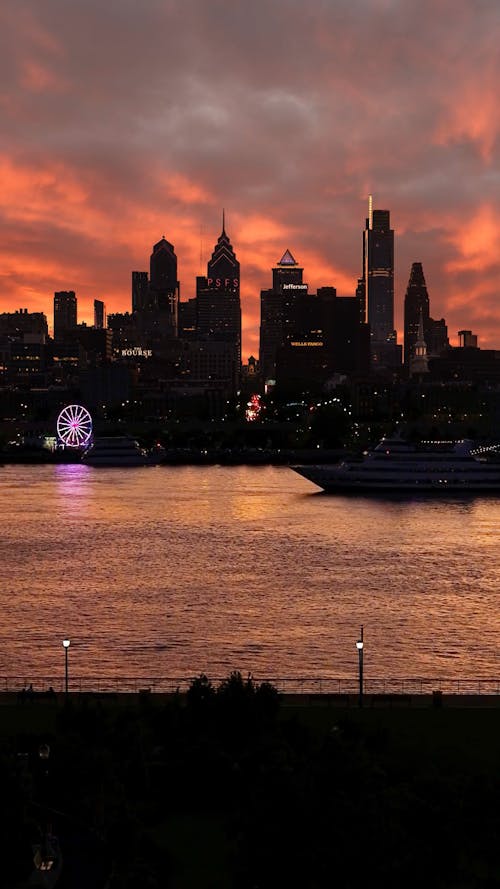 Silhouettes of Buildings and Ship in Philadelphia at Dusk