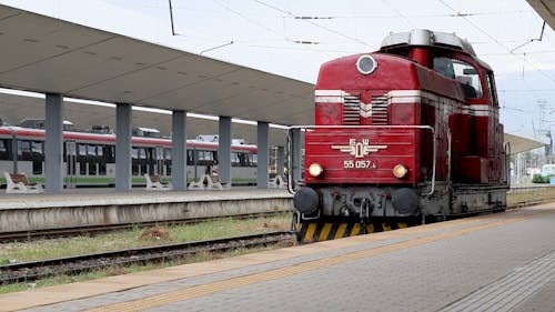 A Red Locomotive at the Central Railway Station in Sofia, Bulgaria