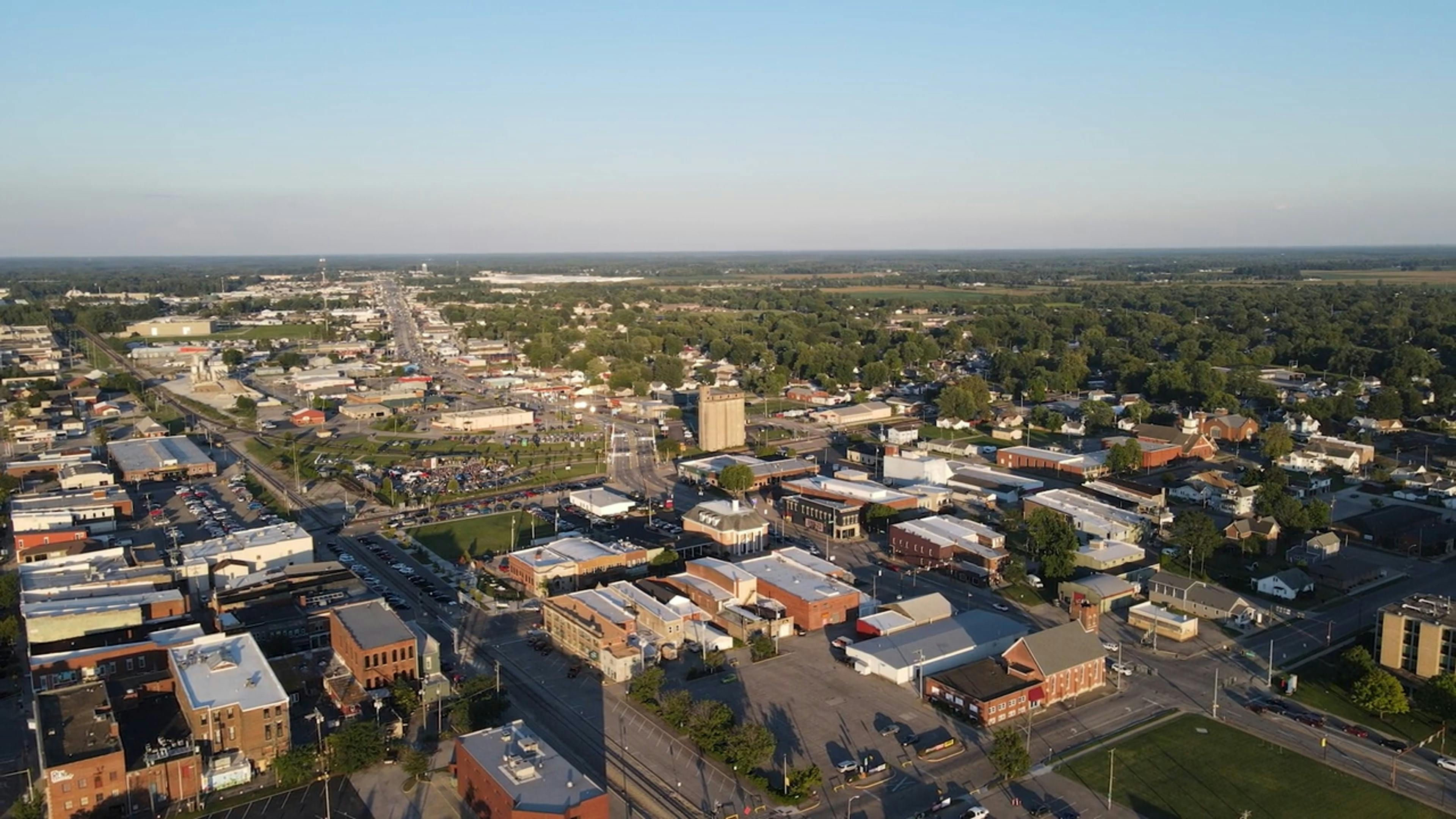 Drone View of a Classic Car Show in the Streets of Seymour, Indiana