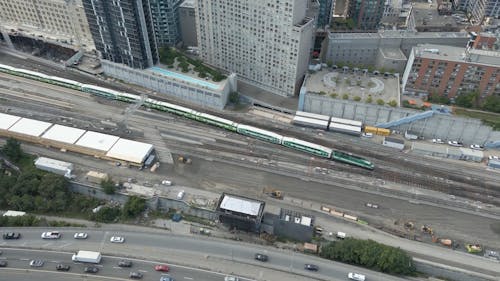 Drone Footage of Passenger Trains in Toronto City, Canada