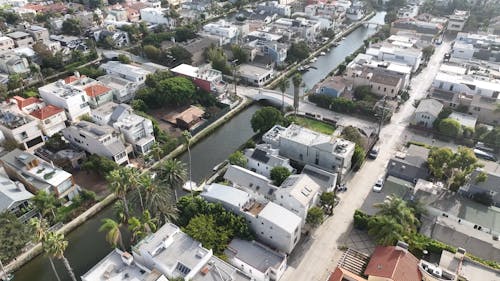Aerial View of the Venice Canal Historic District in Los Angeles, California 