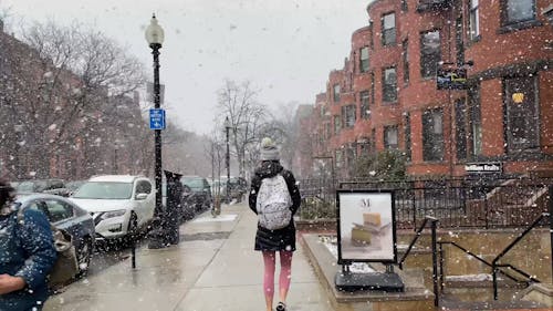 People Walking in Town under Snowfall
