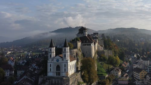 Drone Video of Aarburg Castle and Church in Aargau, Switzerland