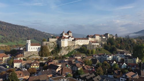 Drone View of Aarburg Castle and Church in Aargau, Switzerland