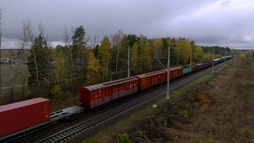 A Cargo Train Passing by a Rural Area 