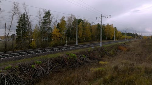 A Cargo Train Passing by a Rural Area on a Cloudy Day