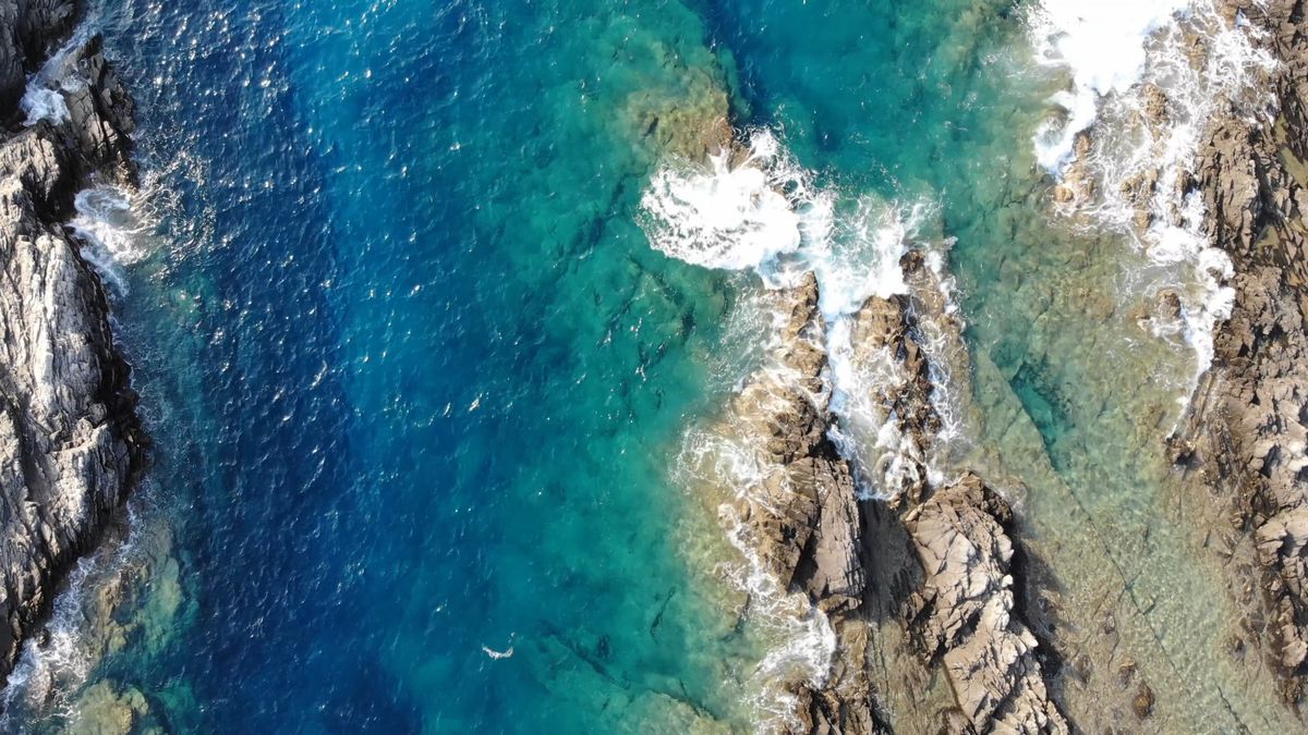 Aerial view of a rocky coastline with clear water