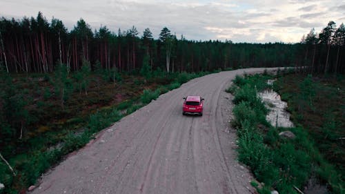 Red Car on Dirt Road Between Green Trees