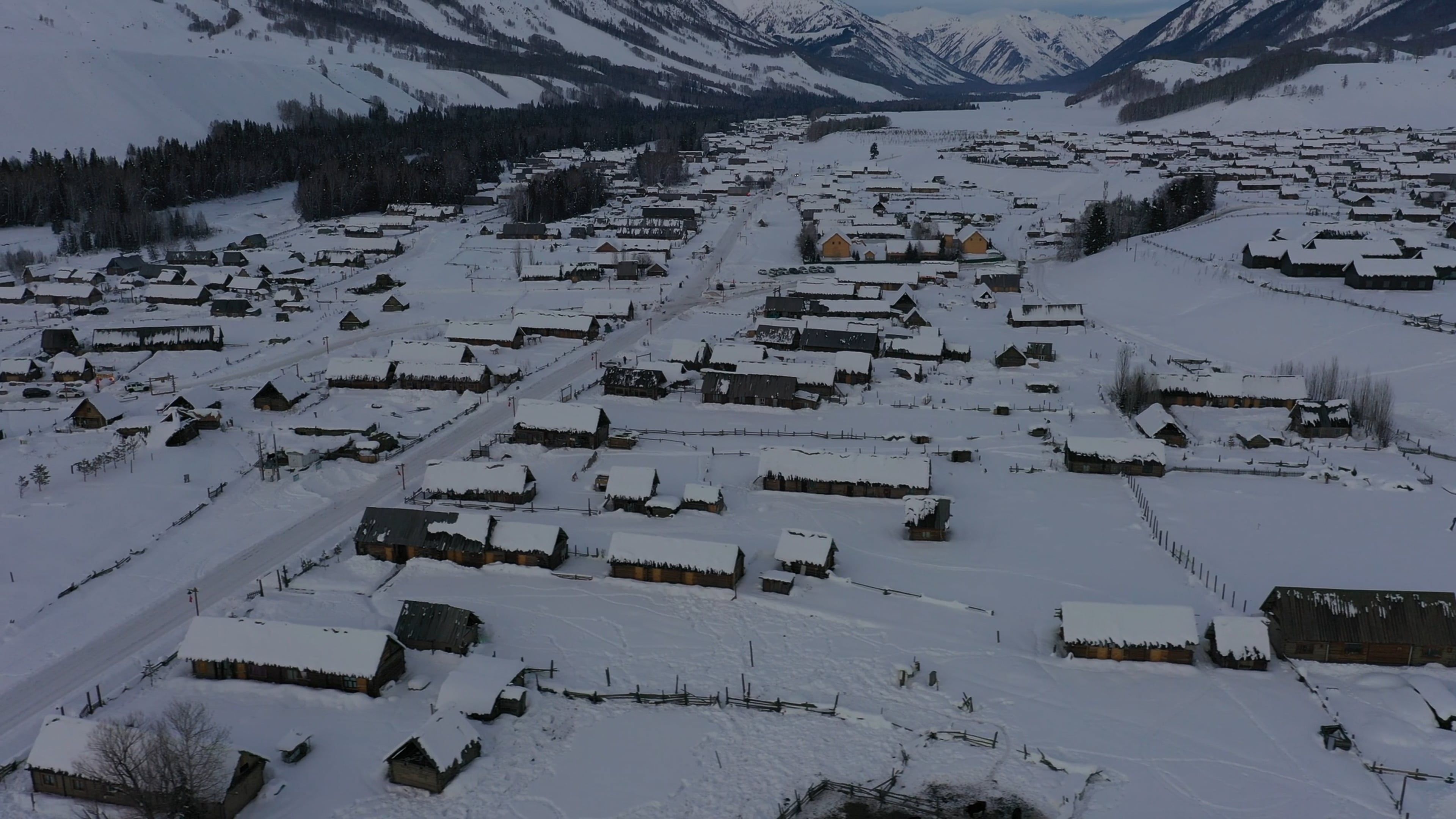 Drone Footage of a Mountain Village Covered in Snow Free Stock Video ...