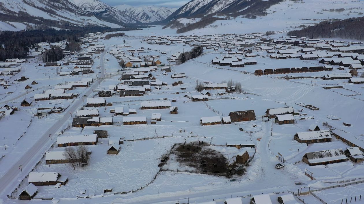Drone Footage of a Mountain Village Covered in Snow Free Stock Video ...