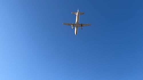 Low Angle View of an Airplane Flying across a Clear Blue Sky 