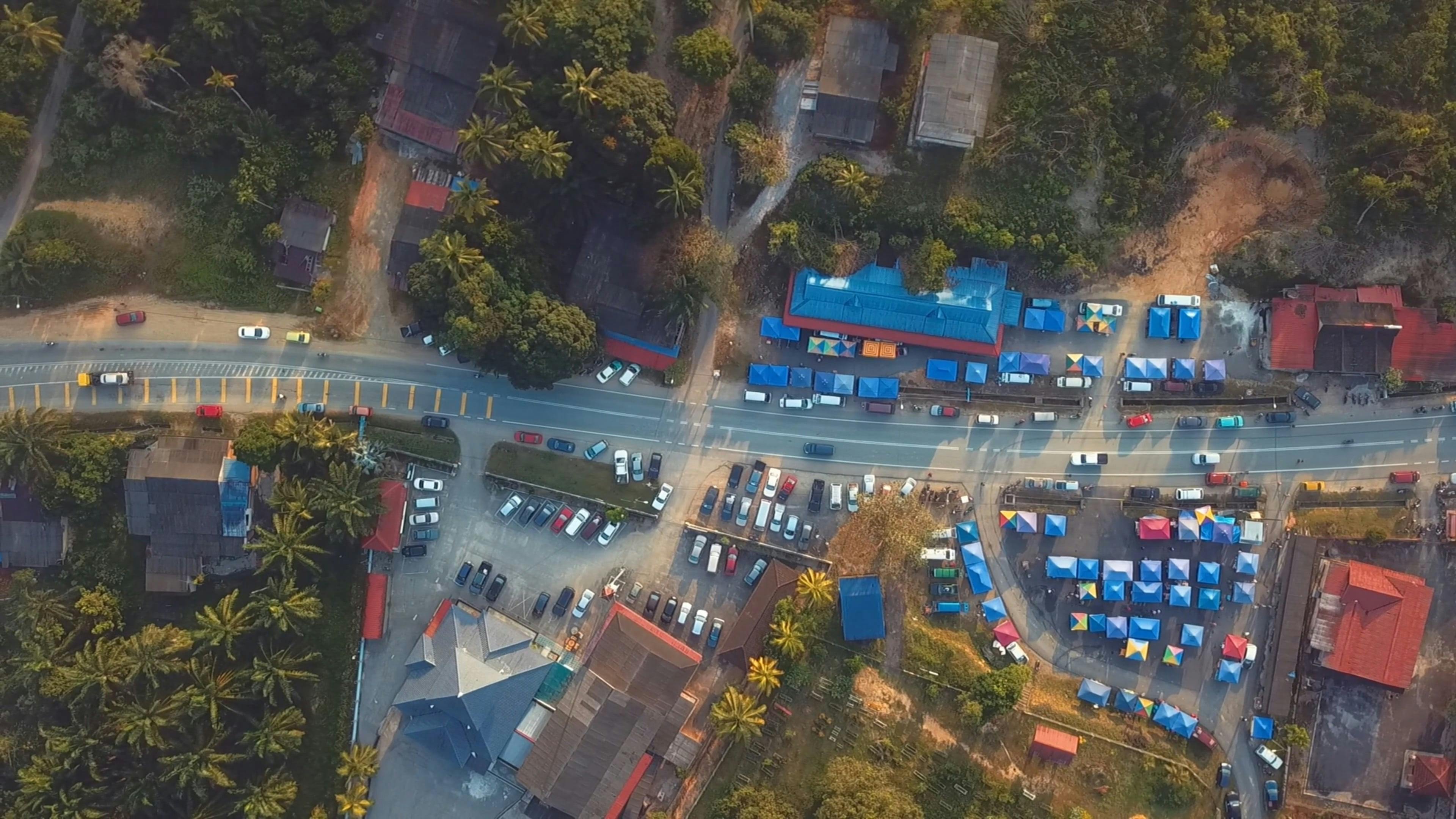 Village by Road in Overhead View Free Stock Video Footage, RoyaltyFree