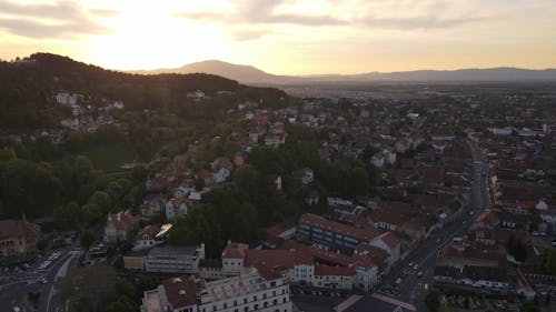 Drone Footage of the City of Brașov at Sunset